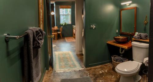 a bathroom with a toilet and a green wall at Downtown Lynchburg, Vintage Courtyard Loft, Va in Lynchburg