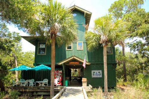 a green house with palm trees in front of it at 327 Capt John Fripp Villa in Fripp Island