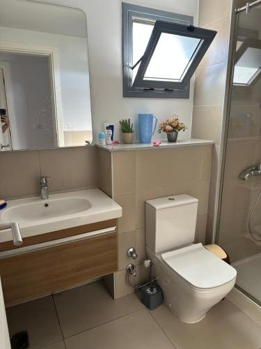 a bathroom with a toilet and a sink and a mirror at ريفا فيو in El Alamein