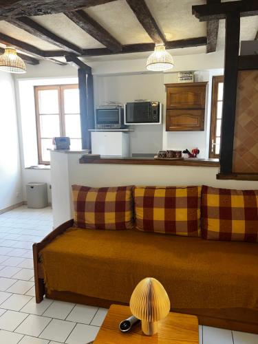 un salon avec un canapé et une table dans l'établissement La Belle Tuffière, à Montreuil-Bellay