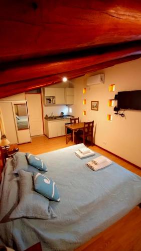 a bedroom with a large bed with blue pillows at Lujan De Cuyo B&B in Ciudad Lujan de Cuyo