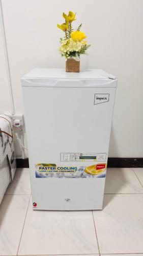 a white refrigerator with a plant on top of it at Capital View in Abu Dhabi