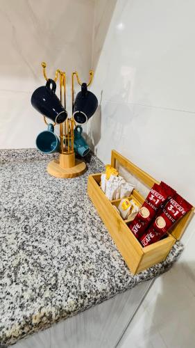 a table with a tray of food on a counter at Capital View in Abu Dhabi