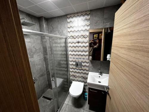 Un baño con ducha, inodoro y lavabo. en Nehir Suite Hotel, en Uzungöl