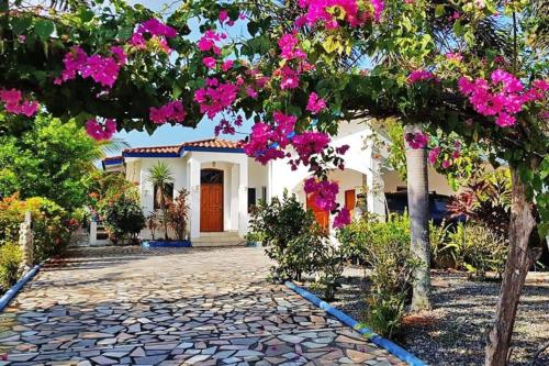 a house with pink flowers on a stone driveway at Luxury Beachfront House with Pool in Palo Grande