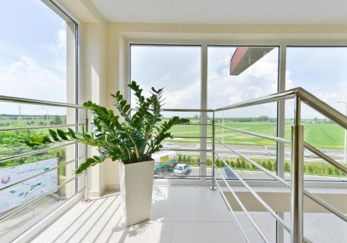 a plant in a vase on a balcony with windows at Hotel Dukat in Biała Podlaska
