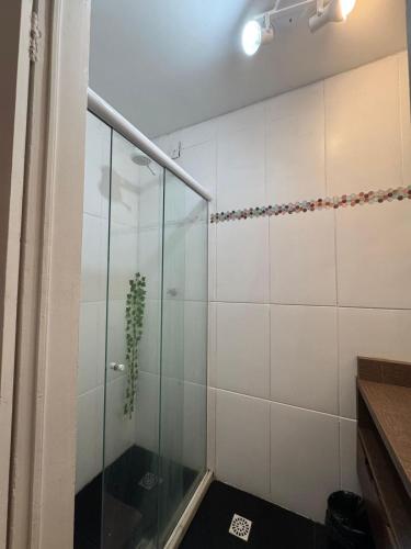 a shower with a glass door in a bathroom at Hotel Cidade Imperial in Petrópolis