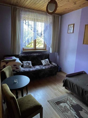 a living room with a couch and a table at Domek w Kotkowie nad jeziorem Gil in Kotkowo