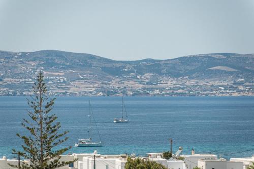 una barca in un grande specchio d'acqua con montagne di Vita Residence ad Agia Anna Naxos