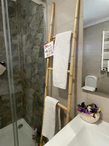 a bathroom with a towel rack and a shower at Casa da Burra in Alijó