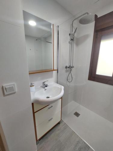 a white bathroom with a sink and a shower at El Rincón de San Fermín in Zizur Mayor
