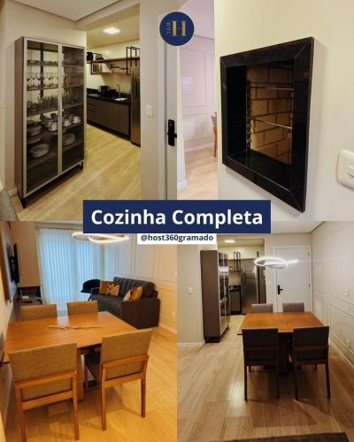 two pictures of a living room and a dining room at Apto de luxo com lareira em Canela SelfChekIn in Canela