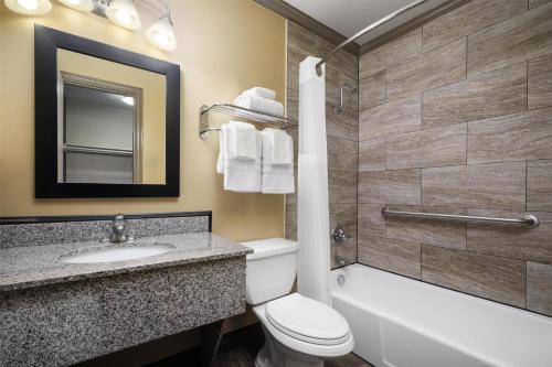 a bathroom with a toilet and a sink and a mirror at Aiden Austin City Hotel in Austin