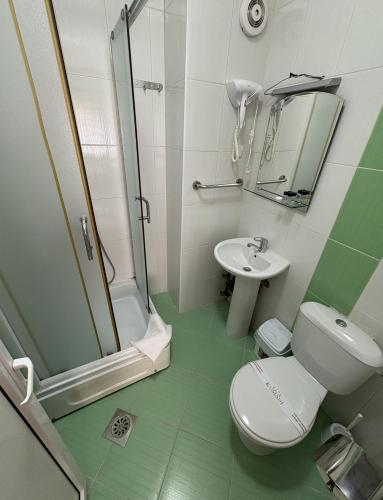 a bathroom with a shower and a toilet and a sink at Vila Kumani in Ohrid