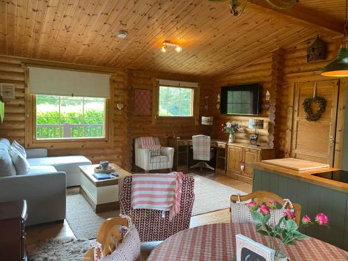 een woonkamer met een bank en een keuken in een huisje bij Luxury Fishing Lodge - FatRascals Retreat in Hainford