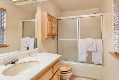 ein Badezimmer mit Waschbecken und Dusche in der Unterkunft Tree top views #2060 in Big Bear Lake