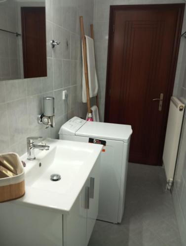 a bathroom with a sink and a washing machine at Dabia Apartments in Mirina
