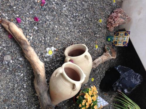 two vases sitting on the ground with flowers and rocks at Oltremare Residence Hotel in Lipari