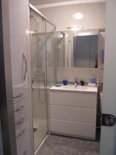 une salle de bain blanche avec un lavabo et une douche dans l'établissement Apartamento con Jardín, à Hendaye