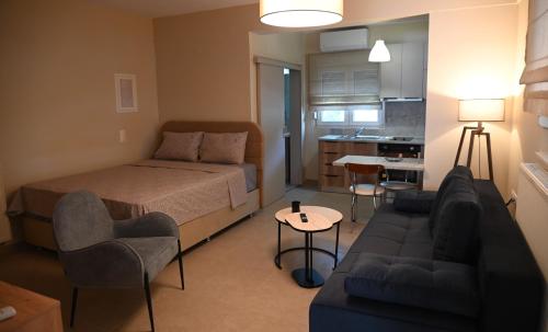 a bedroom with a bed and a couch and a kitchen at Garden Bliss Alexandroupolis in Alexandroupoli