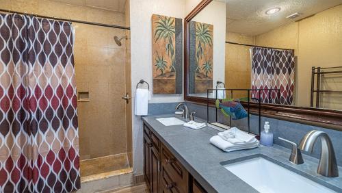 a bathroom with a sink and a large mirror at Sonoran Sun in Campo del Medio