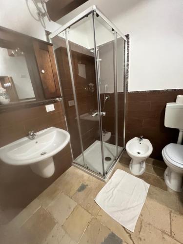 a bathroom with a shower and a toilet and a sink at Bed & breakfast vecchia vallata in Gioia del Colle