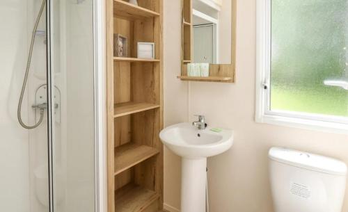 a bathroom with a sink and a toilet and a shower at Caravan 6 - Blackmoor farm near tenby in Pembrokeshire