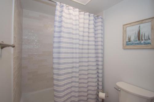 a bathroom with a shower curtain and a toilet at 522 Sunsuite in Fripp Island