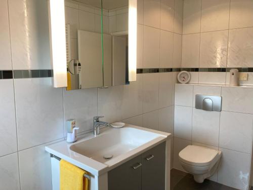 a bathroom with a sink and a toilet at Ferienwohnung Hoffmann in Homburg
