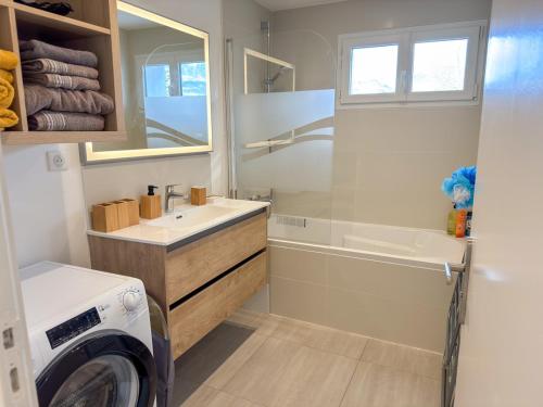 une salle de bain avec un lavabo et une machine à laver dans l'établissement Cocon idylique, Clim, Lac et Montagnes, Jardin, à Saint-Jorioz