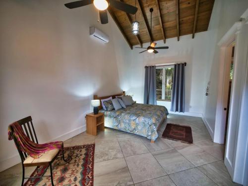 a bedroom with a bed and a ceiling fan at Spectacular Luxury Rental With Ocean Views And Private Pool in Roatan