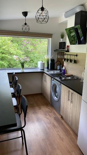 a kitchen with a sink and a washing machine at Pie dzintara jūras in Apšuciems