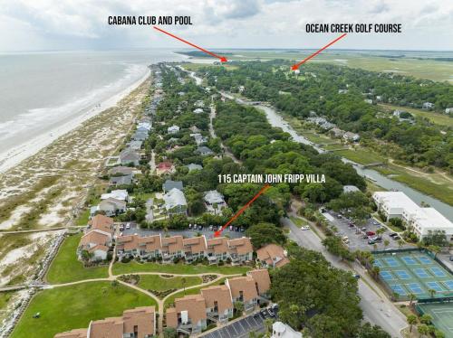 an aerial view of the ocean club condos and the beach at 115 Capt John Fripp Villa in Fripp Island