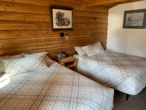 two beds in a room with wooden walls at Burnt Paw in Tok