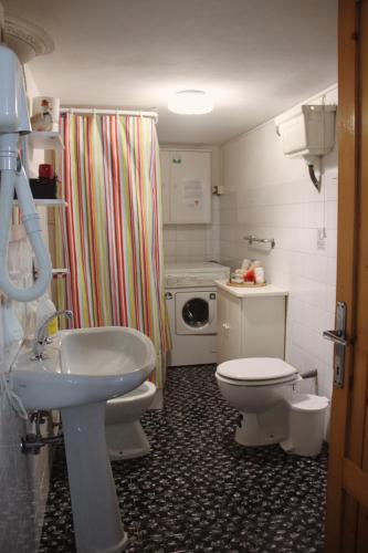 a bathroom with a sink and a toilet and a washing machine at Casa l'Acerone in Pian degli Ontani