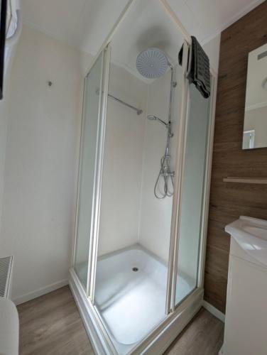 a shower with a glass door in a bathroom at Holiday House 4 guests at Spaarnwoude in Velsen-Zuid
