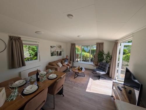 a living room with a person sitting on a couch at Holiday House 4 guests at Spaarnwoude in Velsen-Zuid