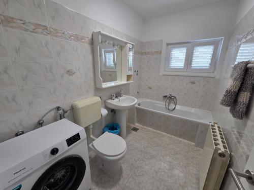 ein Badezimmer mit Toilette, Waschbecken und Waschmaschine in der Unterkunft Apartments Antonio in Baška