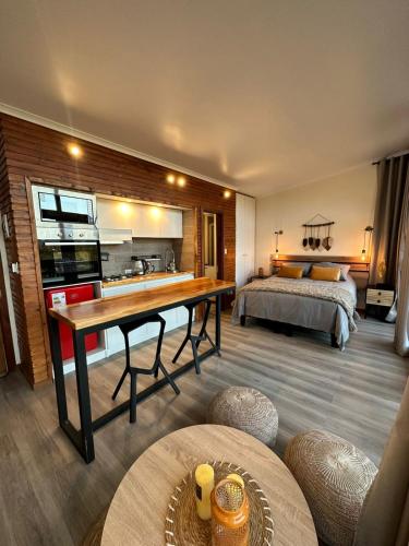 a bedroom with a bed and a desk in a room at Senderos in Antuco