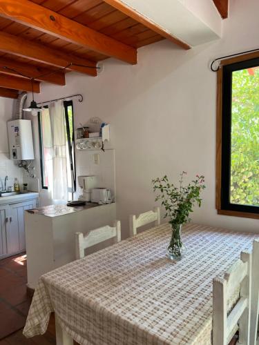 eine Küche mit einem Tisch mit einer Vase darauf in der Unterkunft Las Camellias in La Cumbre