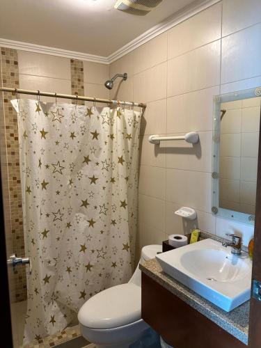 a bathroom with a shower curtain with a toilet and a sink at River view6 in Guayaquil