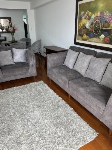 a living room with a couch and a rug at Bello Departmento - Miraflores in Lima