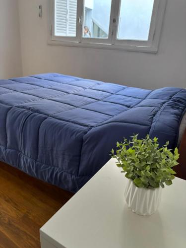 a bedroom with a blue bed and a table with a plant at Depto 2 dormitorios a 5 min Parque San Martin in Mendoza