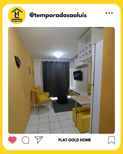a small living room with a yellow chair and a room at Flat Gold Home in São Luís