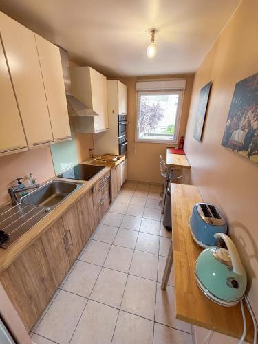 une cuisine avec un évier et un plan de travail dans l'établissement Spacieux et calme, style parisien, toutes commodités, idéal pour un séjour authentique, à Saint-Denis