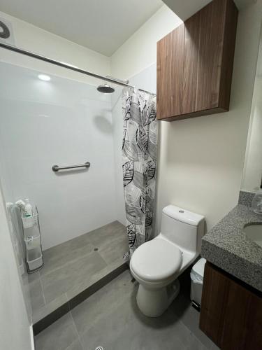 a small bathroom with a toilet and a shower at Apartment in San Isidro in Lima