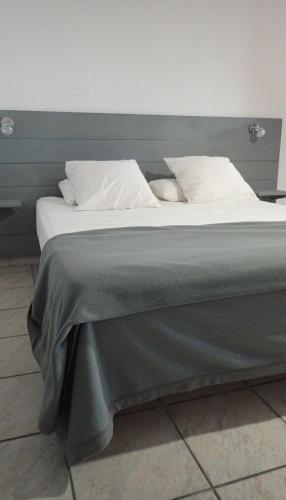 a bed with a green blanket on top of it at Appartement spacieux de plain pied in Eugénie-les-Bains