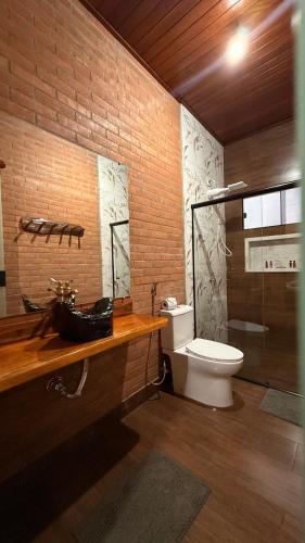 a bathroom with a sink and a toilet in it at Pousada de Campo Estância Bahamas in Pirenópolis