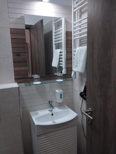 a bathroom with a sink and a mirror at Régi Posta Hotel és Étterem in Debrecen