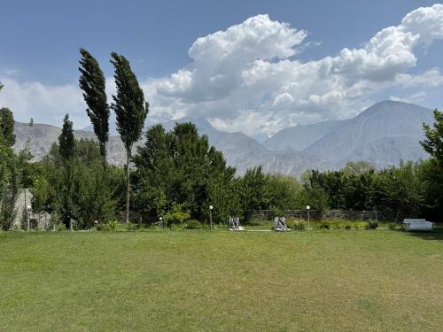 a field with a palm tree and mountains in the background at Aman E Yal in Gilgit